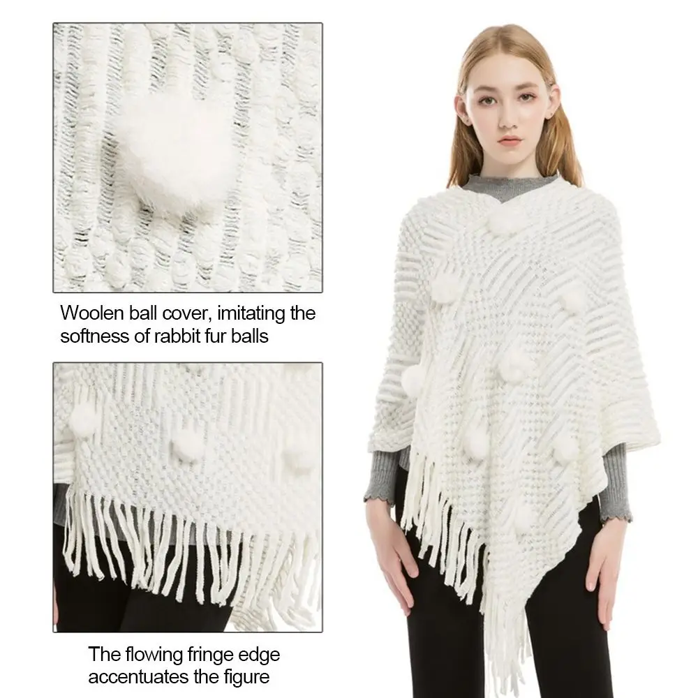 

New Imitation Cashmere Warm Shawl Rabbit Fur Ball Plus Size Women's Cape Solid Color Tassels Scarf