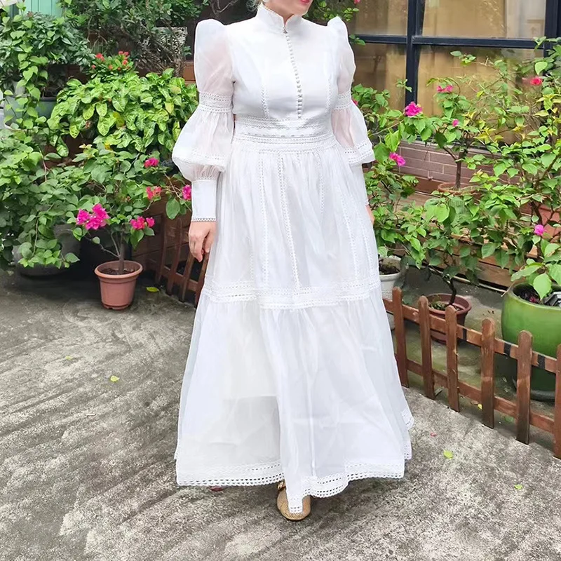 

Retro Court Sle Long Sve High Waist Stand Collar Single Button Lantern Sve Dr Autumn 2024 Commute Polyester Fiber