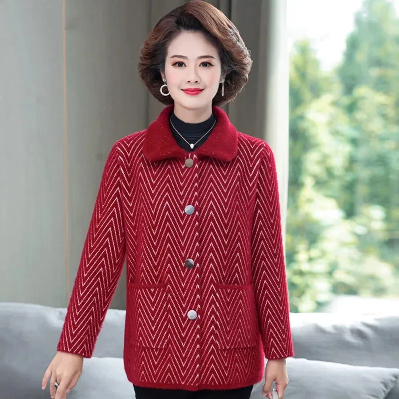 Mother Clothes Autumn Winter Imitation Mink Velvet Jacket Middle Aged Women Short Sweater Knitted Cardigan Coat Outwear4XL