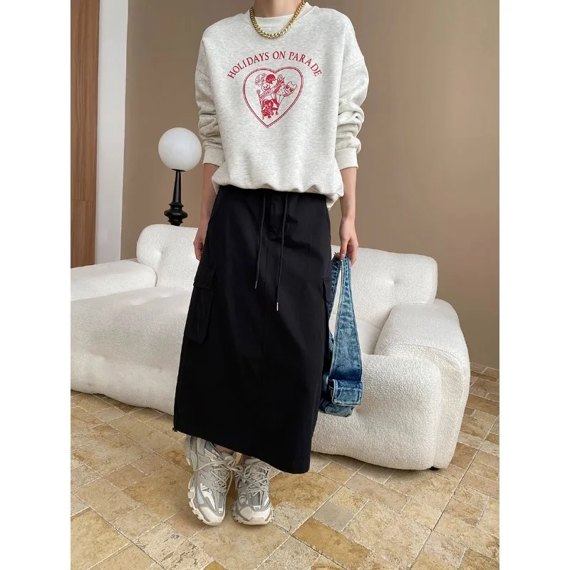 Women Casual Loose Drawstring Tooling Wind Skirt Spring Summer Pocket Straight Basic Khaki Black Female Long Skirt