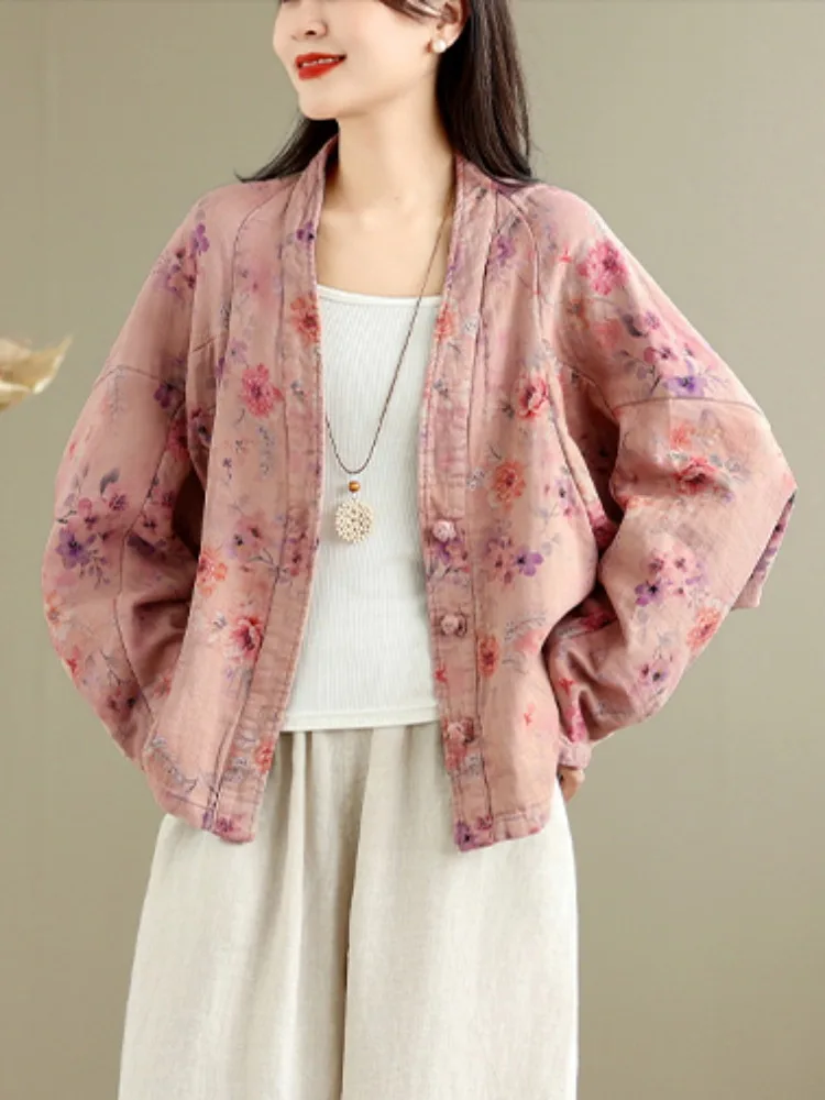  Floral Print Double Layer Cotton V-Neck Women's Jacket Autumn Chinese Style Tang Costume New Middle  Buttone...