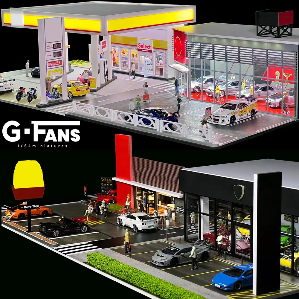 G FANS-modelo de escena de construcción Diorama con luces para coche, garaje, tienda, estacionamiento, 1:64