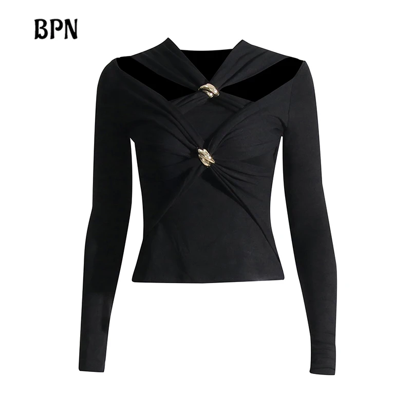 

BPN Hollow Out Patchwork Zipper Solid Tops For Women V Neck Long Sleeve Spliced Metal Slimming Solid Casual T Shirt Female New