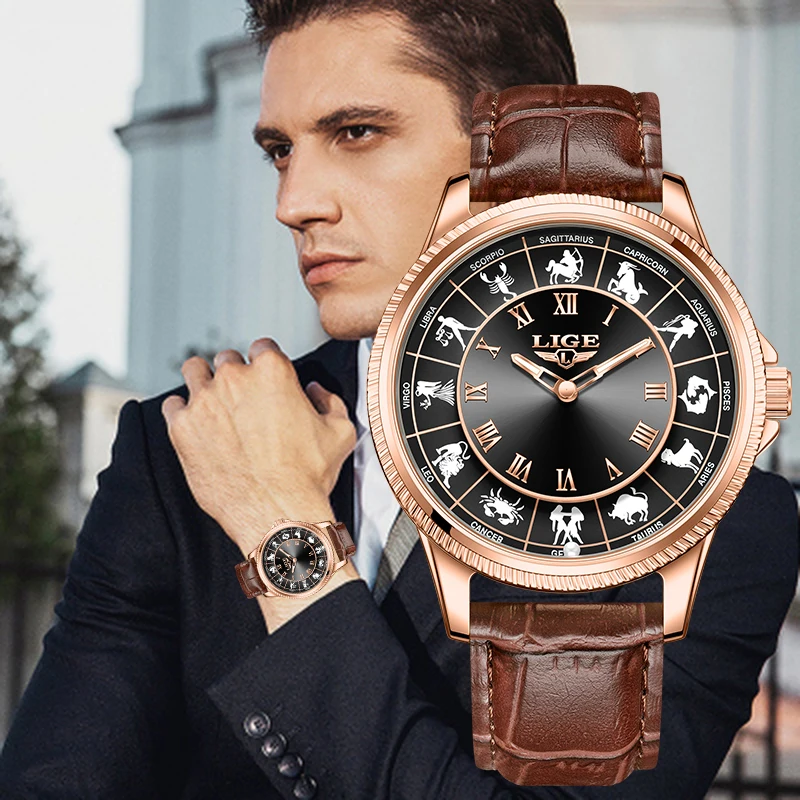LIGE Fashion Luxury Constellation Dial Quartz Man Watch Classic Casual Sport Leather Belt Zodiac Sign Waterproof Watches for Men