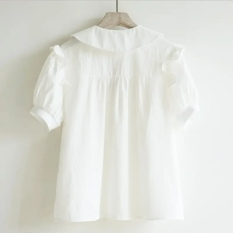 Girls' 2026 Summer Shirt Big Kids Doll Collar Pure Cotton Short Sleeve Blouse Solid Color Casual Top for School Daily Wear​ 2
