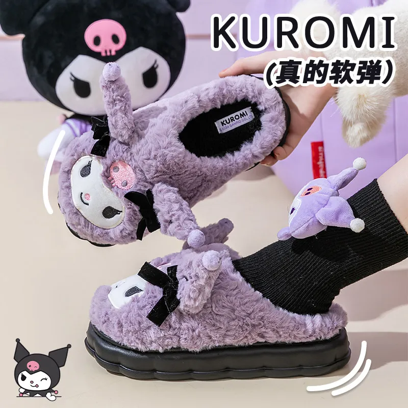 Sanrio Kuromi Kawaii Plush Cartoon Slippers Women Thick Platform Height Increasing Non-Slip Warm Winter Indoor House Shoes Gift