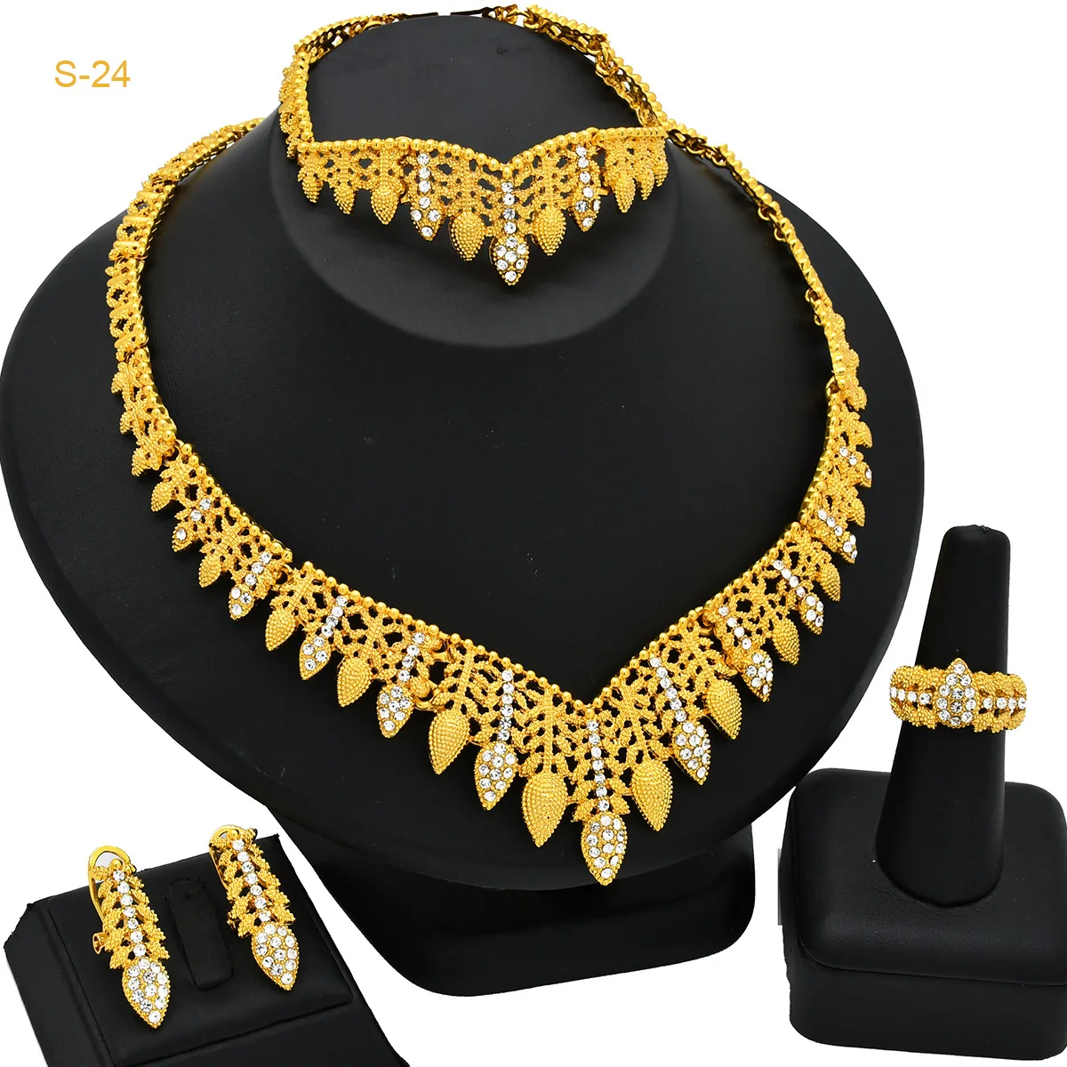 

Flower Tassel Necklace Earrings Ring Bracelet Bride 4-Piece Set Women24K Gold AU999- Unified style, elegant with wedding dresses
