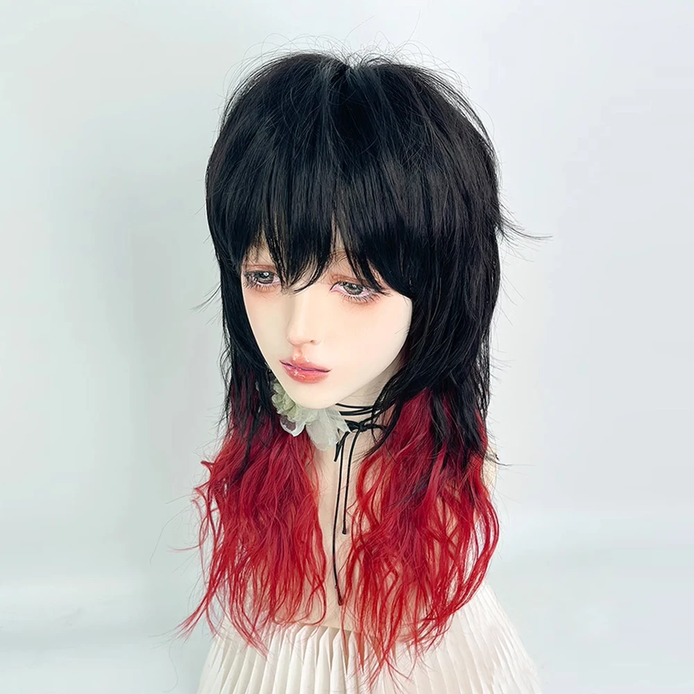 Synthetic Long Wavy Ombre Black Red Mullet Head Wig Women Fluffy Lolita Cosplay Hair Wig for Daily Party