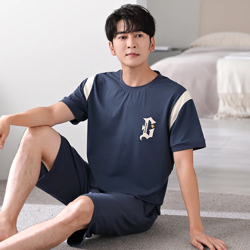 Summer Cotton Men Short Sleeve Pajamas Set Round Neck Casual Soft Man Homewear Clothes L-3XL Mens Outside Sleepwear