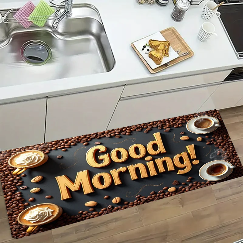 Cool Black Background Coffee Bean Cup Letter Long Runner Rug, washable carpet, cafe decor for kitchen indoor floor space