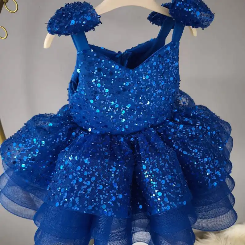 Flower Girl Dress Handmade Blue Sequin Toddler Dress: Sparkly Party Outfit with Bow