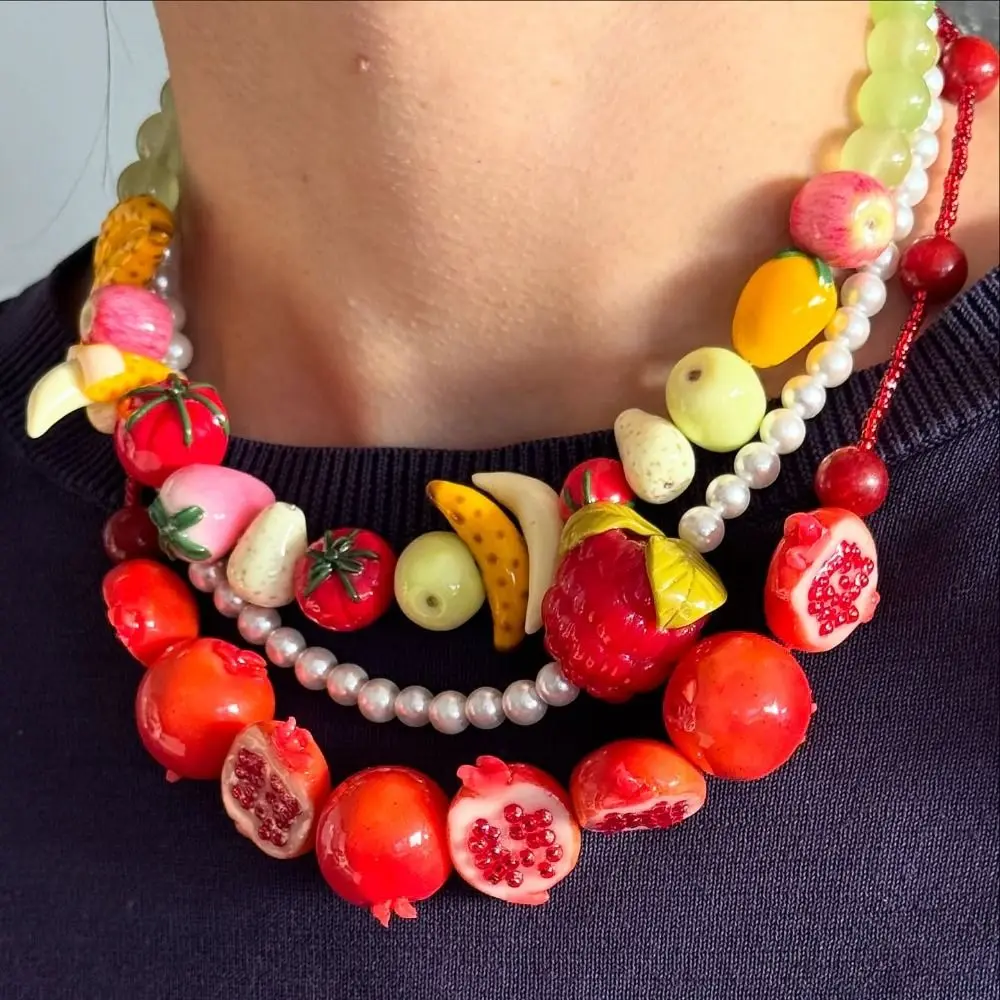 Layered Beads Fruit Necklace Stackable Colorful Beads Necklace Bracelet Set Exaggerated Handmade Fruits Bracelet Spring/Summer