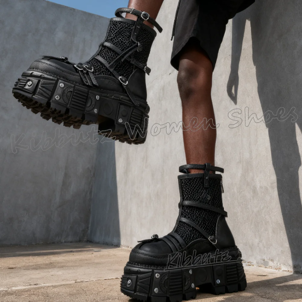 

Mesh Ankle Boots Platform Gothic Belt Buckle Punk Rock Round Toe Height Increasing Leather Solid Color Fashion Women Shoes New