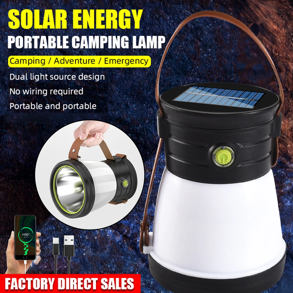 

Solar USB Rechargeable Camping Light Portable LED+COB Flashlight Outdoor Power Bank Emergency Tent Lanterns Spotlight Work Light