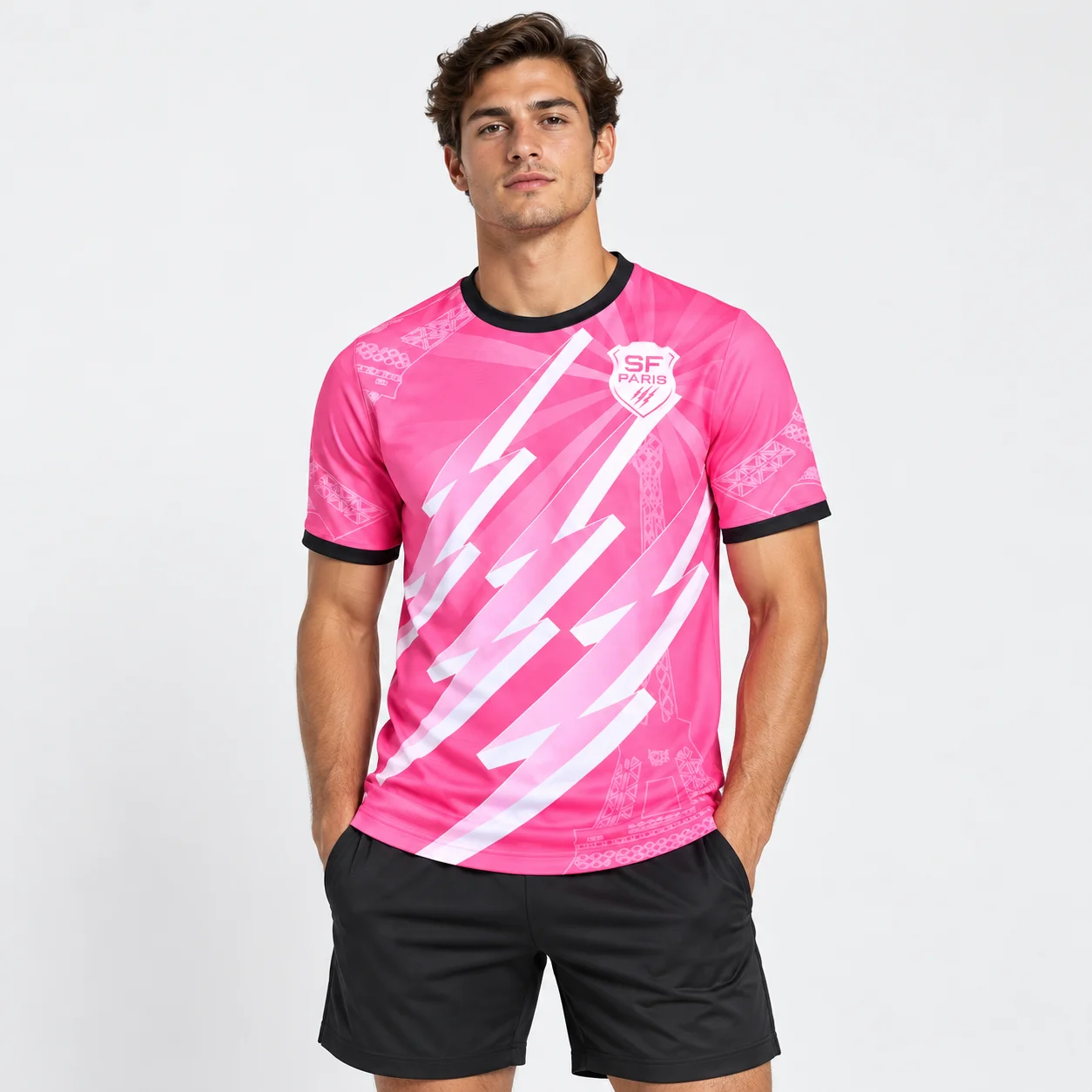 Paris Rugby Jersey 2026, Pink Rugby Shirt Eiffel Tower Design, Unisex Sports Top, Breathable Quick Dry Training Tee Men Women
