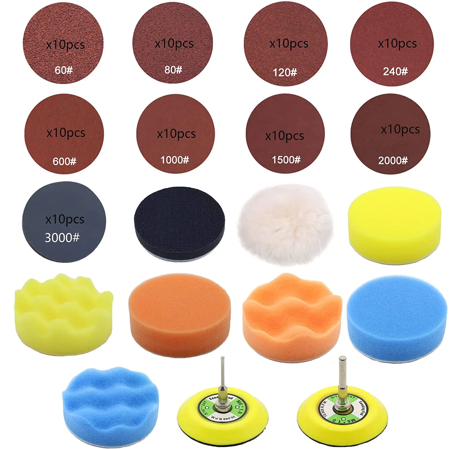 102Pcs 3 Inch Granular Sandpaper With Rear Plate Rod  Soft Foam Cushion And Polishing Pad Wooden Jewelry Metal Car Kit