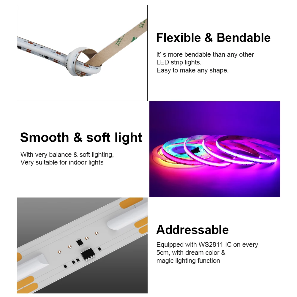 Imagem -04 - Flexível Dimmable Luzes Led Strip Cor de Sonho Alta Densidade Flexível Inteligente Faça Você Mesmo Água Corrente Ws2811 12v 24v Rgbic 5m 10m