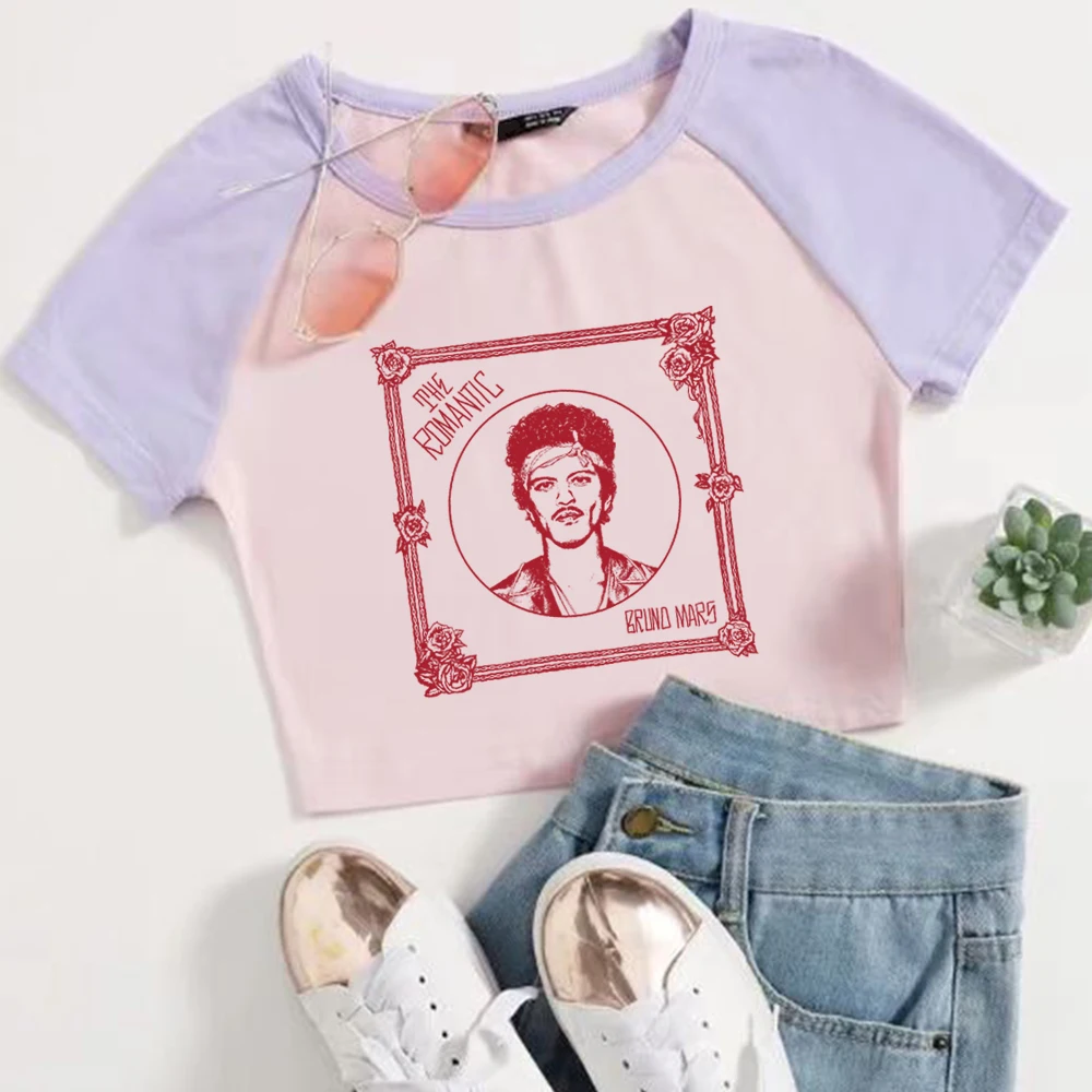 

Летние укороченные топы с цветовыми блоками и короткими рукавами, с круглым вырезом, коллекция 2026 Bruno Mars The Romantic Tour