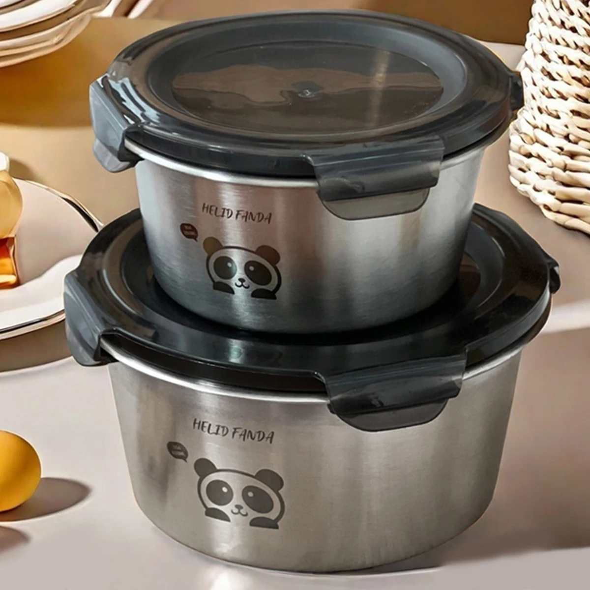 WORTHBUY Versiegelter Lunchbehälter mit Deckel, 304 Edelstahl, runde Lunchbox, Kühlschrank, Frischhaltebox, mikrowellen- und ofensicher – Detail 4