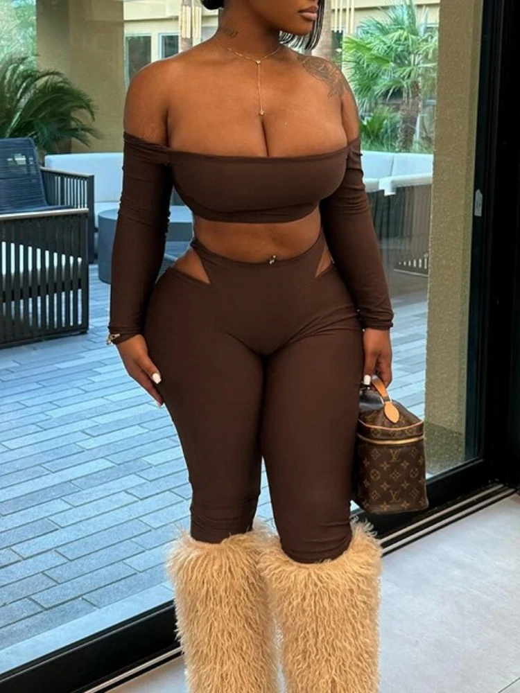 Bangniweigou sexy taille découpe pantalon ensemble femmes manches longues épaules nues bandeau haut court avec bas conçu deux pièces ensemble