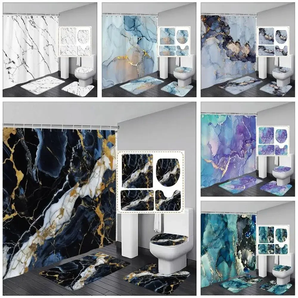 Colourful Marble Shower Curtain and Rug Set Luxury Gold Textured Art Hanging Curtains Bath Mat Toilet Seat Cover Bathroom Decor