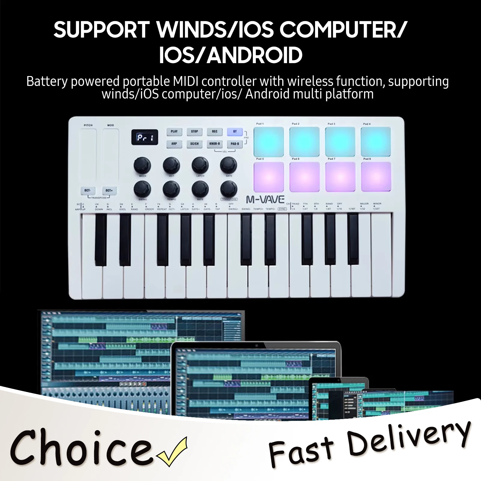 M-VAVE 25-Key MIDI Controller Keyboard Mini Portable USB Keyboard Piano 8 RGB Backlit Pad 8 Knobs MIDI Keyboard Controller