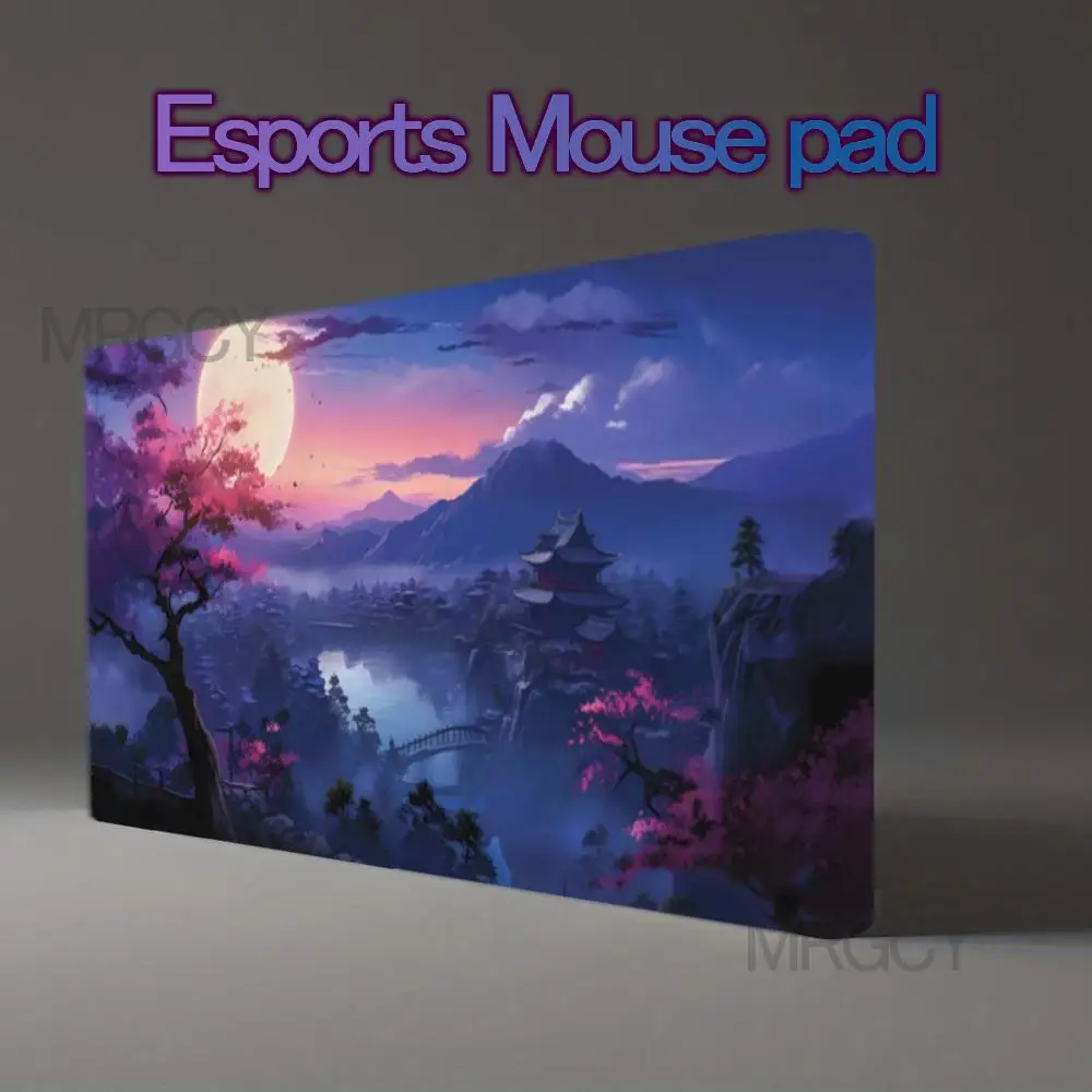 Mystic Moonlit Oriental Valley XXL Desk Pad Anime Style Purple Dusk Sky Giant Full Rubber Gaming Mouse Mat PC Table Ornament