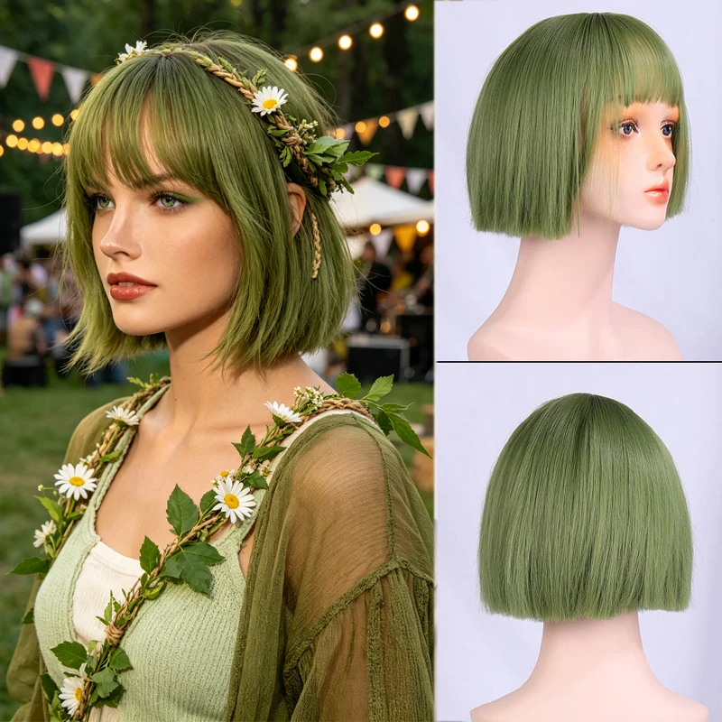 10Inch Short Straight Bob Synthetic Wig With Bangs Heat Resistant Green Lolita Wig for Girls Halloween Costume Party Cosplay Wig