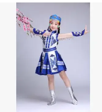 Chinese Mongolian Costume Children Folk Dance Girls Blue Stage Tradition