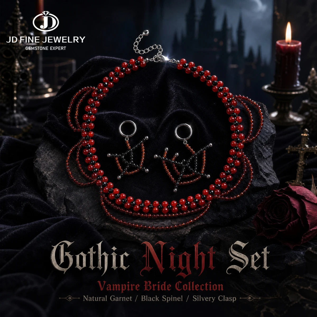 Faceted Natural Garnet Black Spinel Blood Gothic Halloween Pendant Necklace Stainless Steel Chain Chakra Protection Gifts