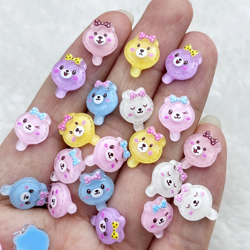 50pcs 3D Mini Cute Cartoon Bowknot Bear Popsicle Manicure Resin Nail Art Ornament Flower Shape Nail Art Supplies