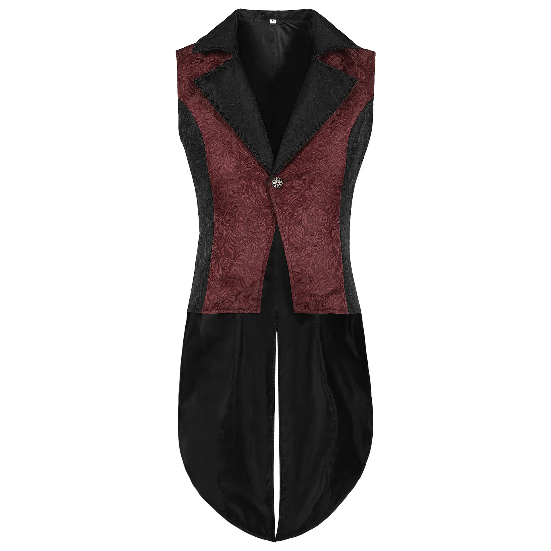 Wine Red Floral Jacquard Steampunk Gothic Vest Men One Breasted Medieval Victorian Sleeveless Tailcoat Cosplay Prom Costumes