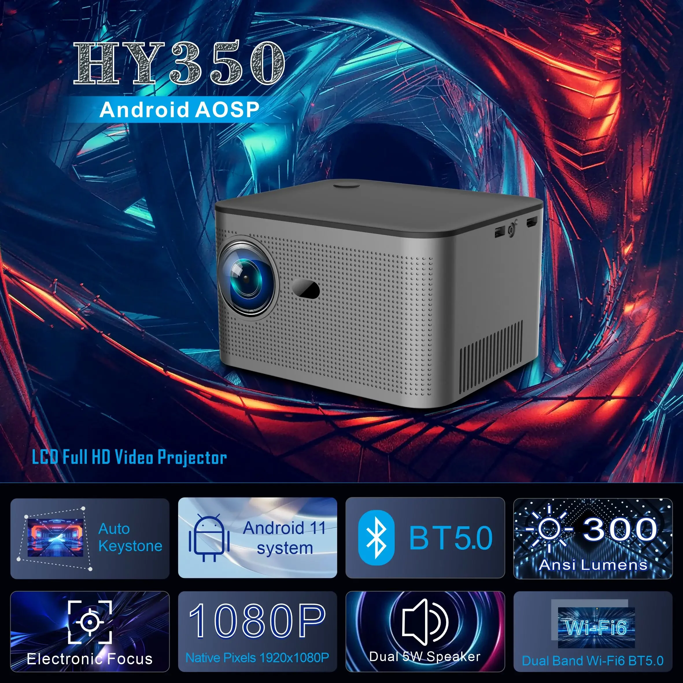 HY350 Projector Android 11 4K 1920*1080P 580ANSI Wifi6 Voice Control Allwinner H713 Electronic Focus BT5.0 Home Cinema Projetor