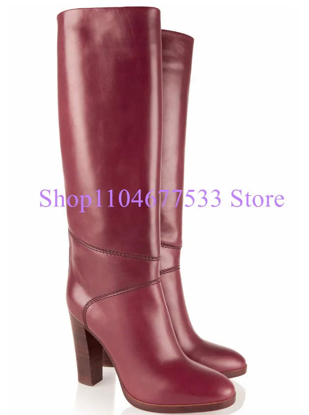 

Wine Red Chunky Heel Woman Leather Long Boots Fashion Design Thick Heel Lady Knee High Boots Large Size Party Shoes