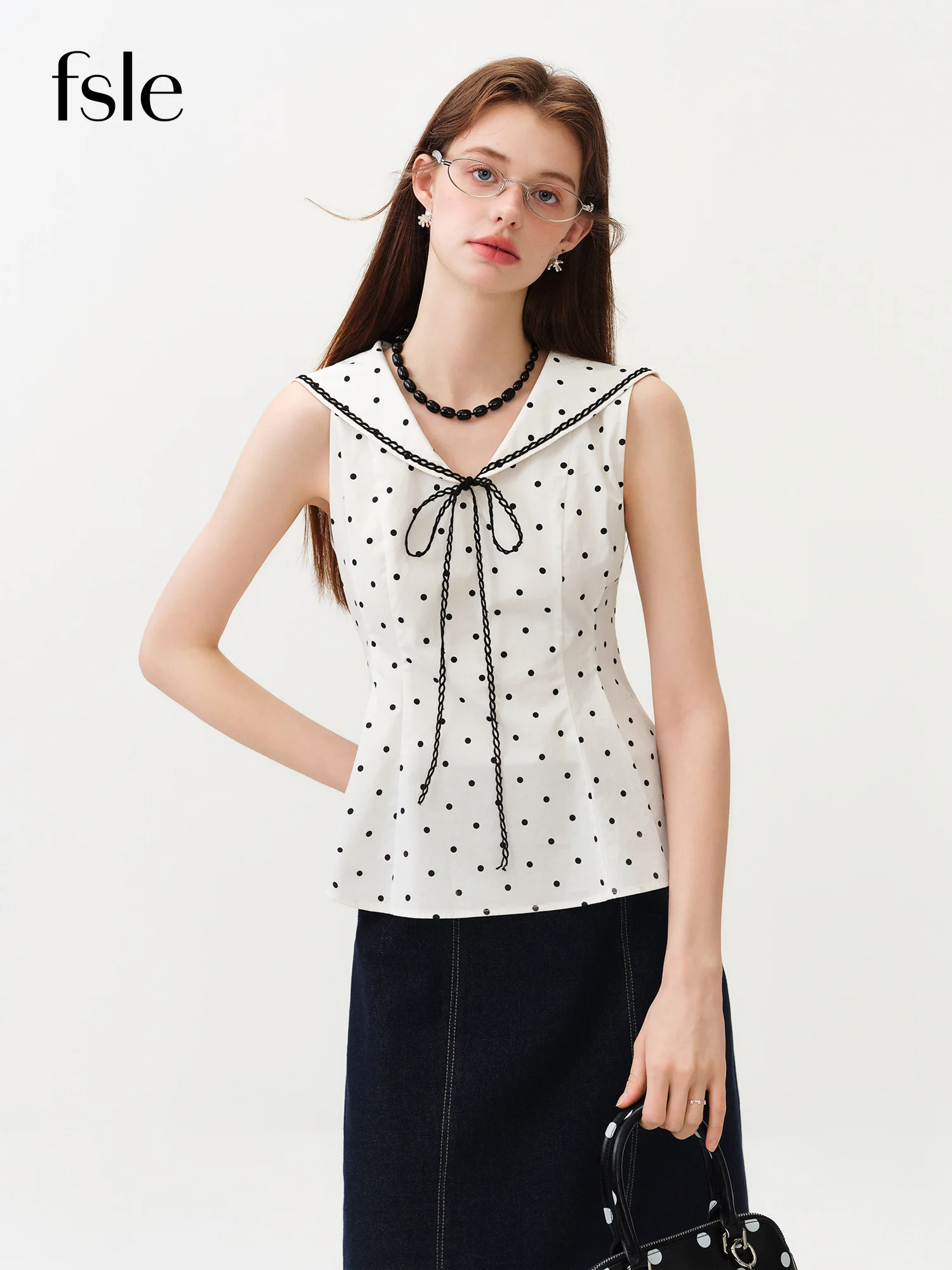 FSLE 2026 Summer Women‘s Sailor Collar Polka Dot Blouse Y2K Contrast Lace Trim Tie-Neck Short Sleeve Top French Preppy Style
