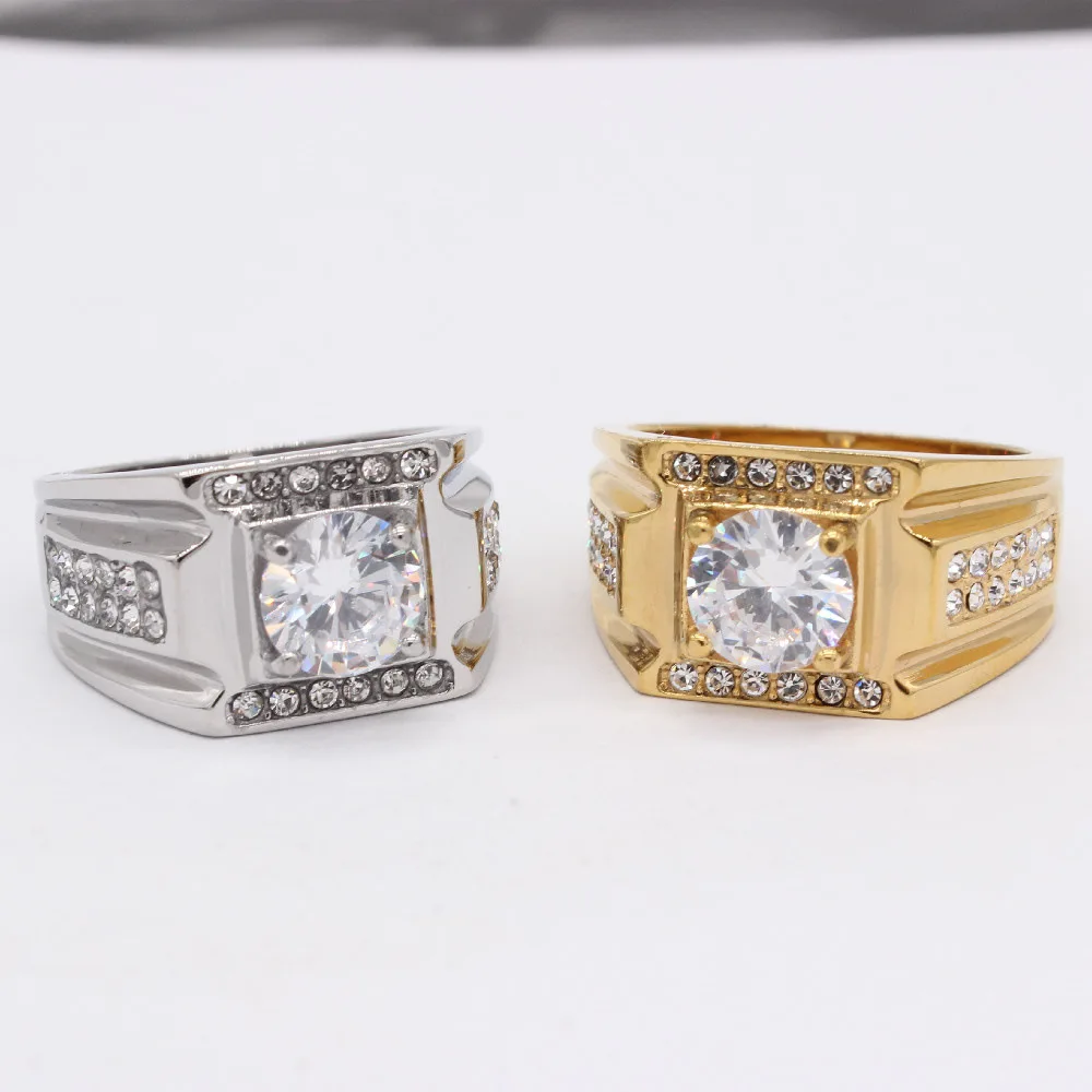 Fashion Minimalist Light Luxury Style Men's Wedding Diamond Stainless Steel Rings Size 7-12