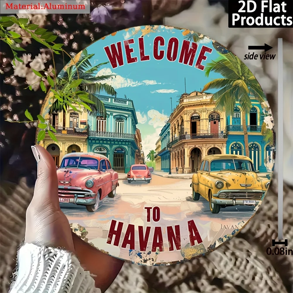 Letrero Metálico Redondo Plano 2D con la Inscripción 'Bienvenido a La Habana', Decoración de Pared con Autos Clásicos Cubanos Vintage, Estilo Rústico Retro Caribeño