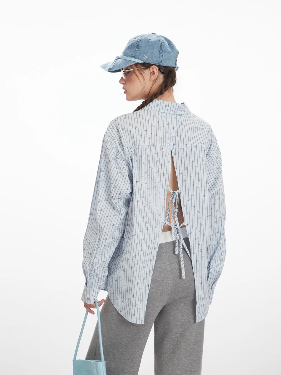 

Backless Designer Embroidery Print Aesthetic Loose Shirts Blouse Streetwear Aloha Button Tops for Women Girls Winter Spring