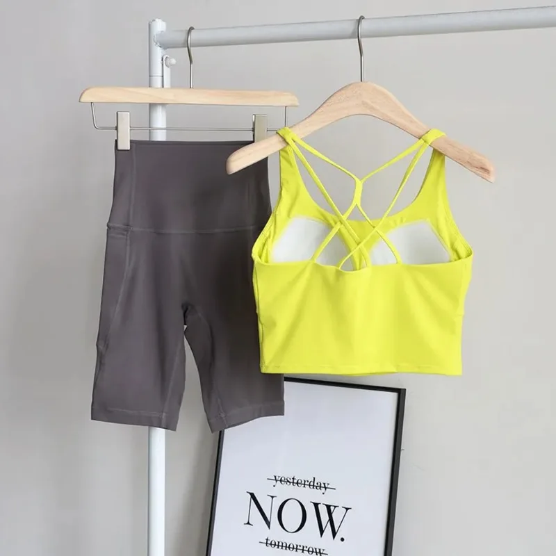 Women Cross Back Shockproof Sports Bra Quick Dry Shorts Two Piece Yoga Gym Running Fitness Outfit