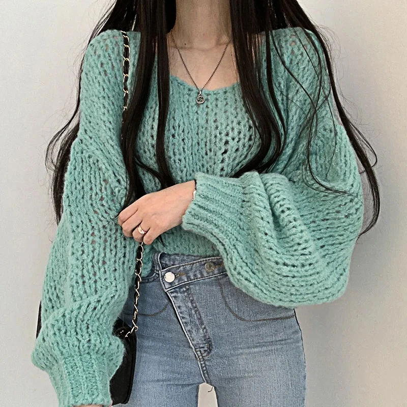 Women Lantern Sleeve O-Neck Knitted Pullovers Hollow Out Solid Sweater Autumn Winter For Women Casual Loose Sweater 2023