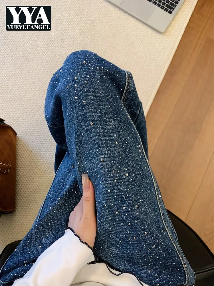 

Qffice Ladies Diamond Shiny Jeans New Deep Blue High Waisted Loose Casual Pants Long Straight Fashion Denim Trousers Female