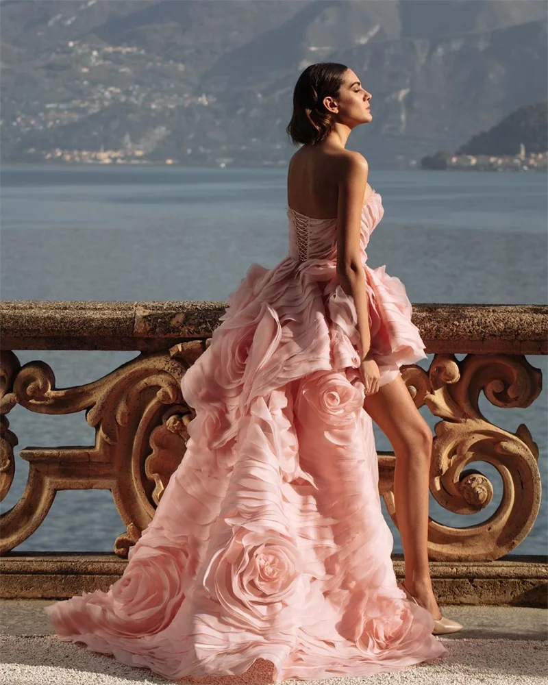 Glamorous Strapless High Waist Handmade Flowers Prom Dress Short Front Long Back Floor Length Layered Tulle Chic Evening Gowns