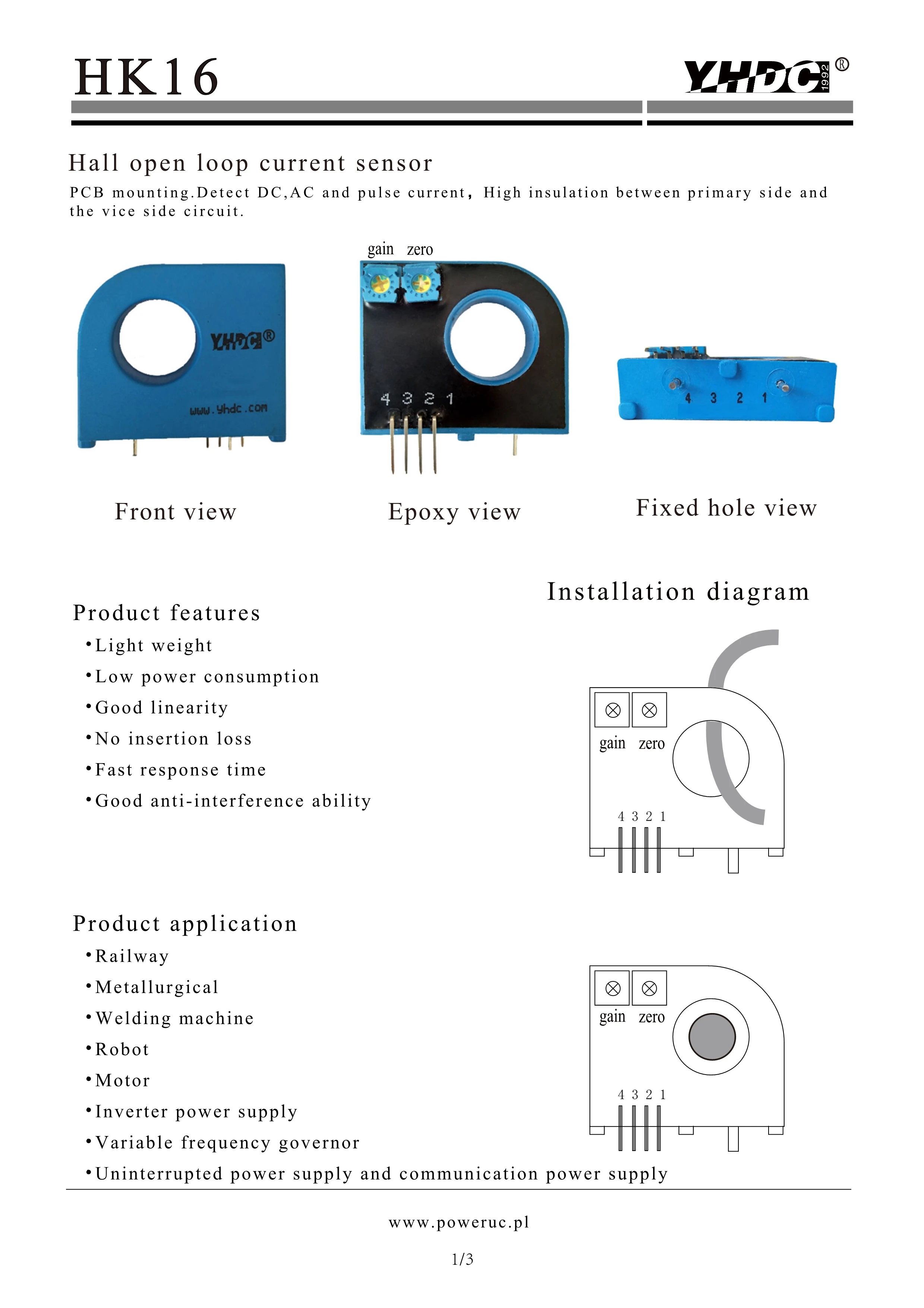 YHDC HK16 Input ±50A/±100A/±200A/±300A/±400A Output ±4V Supply Voltage ±12V/±15V Hall Current Sensor Open Loop