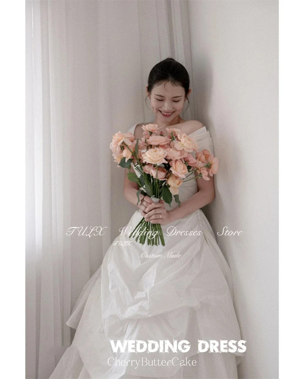 TULX Elegant Square Neck Taffeta Wedding Dress Korea Photo Shoot A Line Short Sleeve Bridal Gown Floor Length Corset Customized