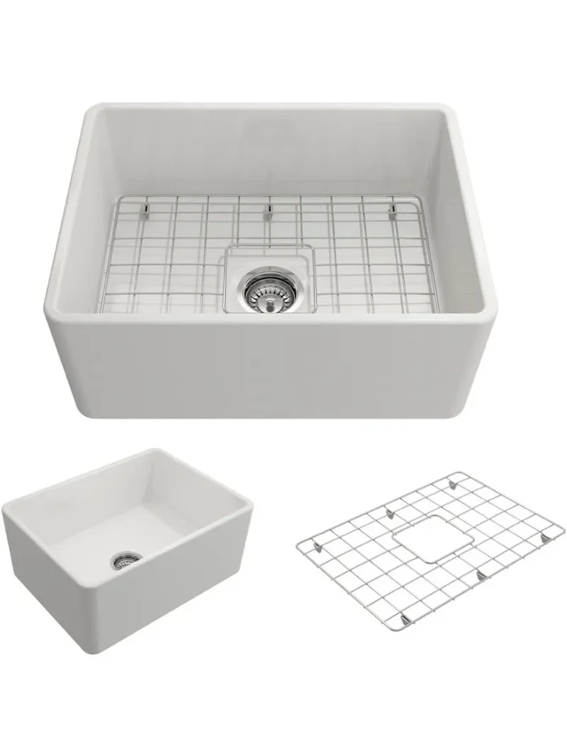 

Classico Farmhouse Apron Front Fireclay 24 in. Single Bowl Kitchen Sink with Protective Bottom Grid and Strainer in White