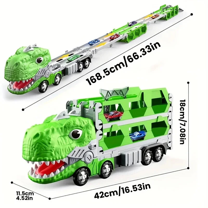 Large Dinosaur Car Toy T-Rex Truck Transforming Carrier Truck Race Track Foldable Truck with Racing Car Birthday Gift for Boys