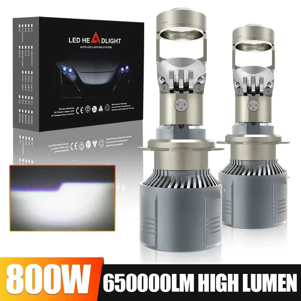 

2pcs H4 LED Projector Mini Lens Auto H4 LED Headlight Bulbs Kit Conversion High Beam Low Beam 800W Turbo Fan Car Light Lamp