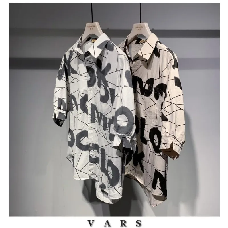 Trend Originality Personality Street Casual Letter Graffiti Line Versatile Loose Handsome Thin Style Men's Shirts Summer 2024