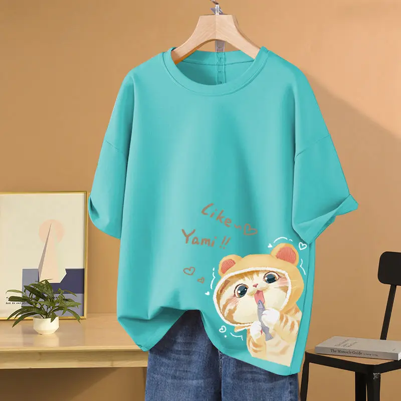 Women Chic Cartoon Printed T-shirt  Summer Pure Cotton Short Sleeve Top Tees Daily Casual Loose Basics Pullovers