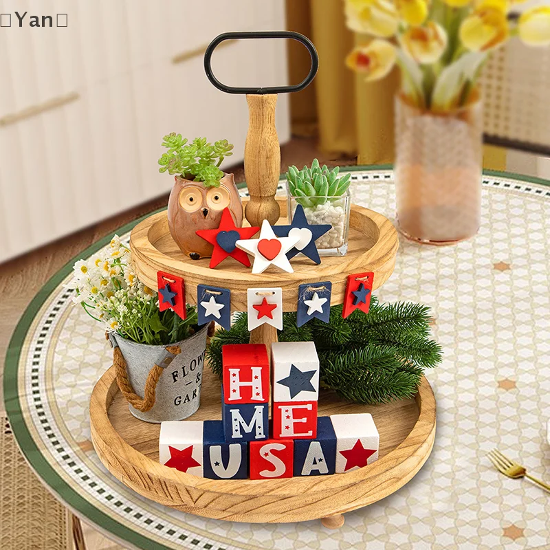 4 de julho decoração de bandeja em camadas, 17 peças vermelho branco azul conjunto de decoração de madeira bandeja em camadas patriótica decoração rústica de fazenda